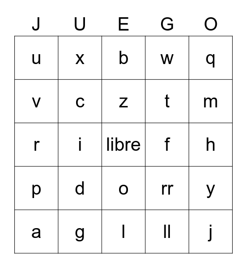 Spanish Alphabet Bingo Card