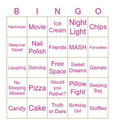 Sleepover Bingo Card