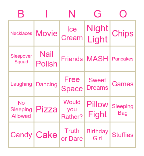 Sleepover Bingo Card Sleepover Bingo Card