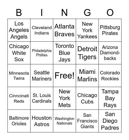 Baseball Team Bingo Card