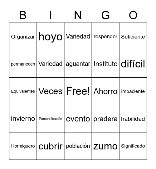 ISIP Vocabulario Bingo Card