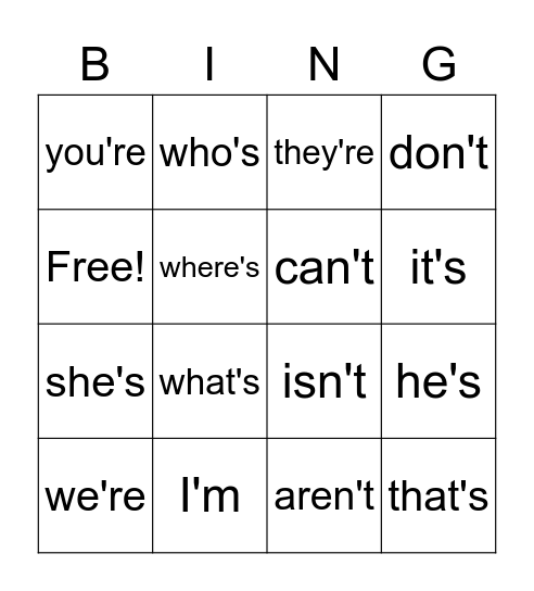 Contraction Bingo Card