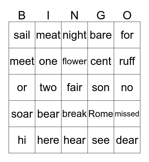 Homophone Bingo Card