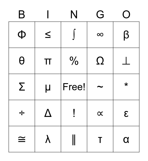 Math Symbol Bingo Card