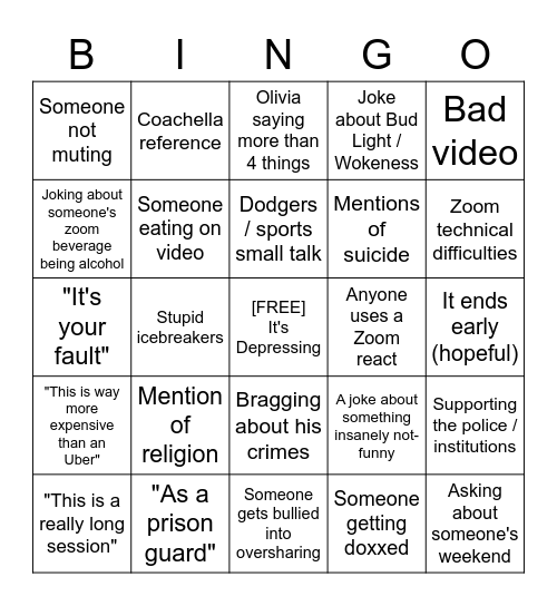 Monday Night Bingo Card