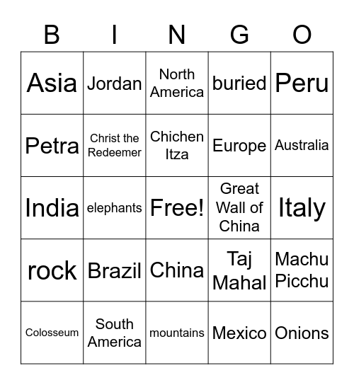 7 New Wonders of the World Bingo Card