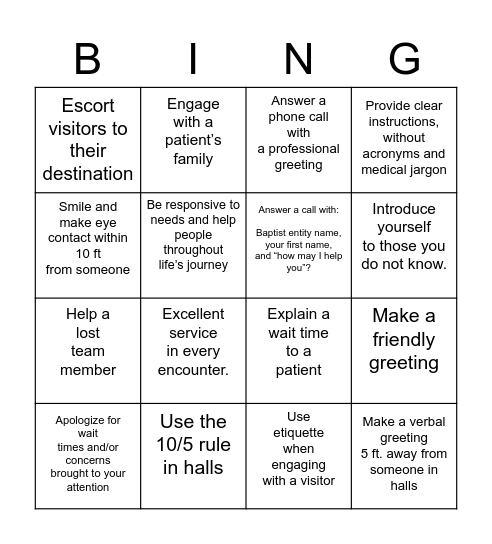 The Baptist Way - Value of Service Bingo Card