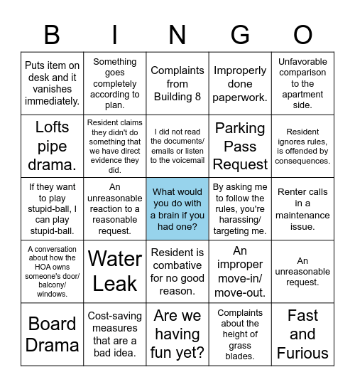 West End/ Lofts Condominium Bingo Card