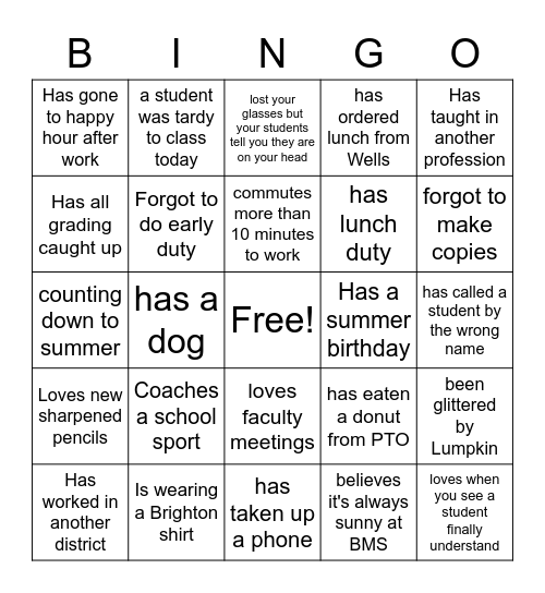 BMS Teacher Bingo Card