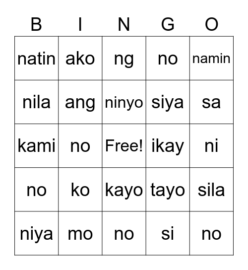 Tagalog Pronouns Bingo Card