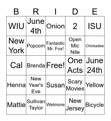 Bridal Bingo Card