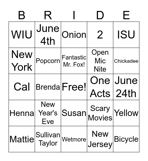 Bridal Bingo Card