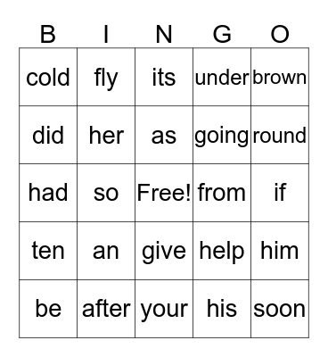 Primer Sight Words Bingo Card