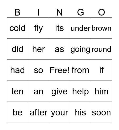 Primer Sight Words Bingo Card