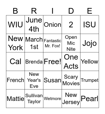 Bridal Bingo Card