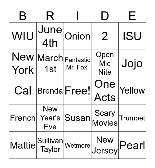 Bridal Bingo Card