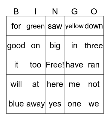 PrePrimer 2 Sight Words Bingo Card