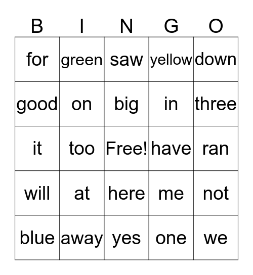 PrePrimer 2 Sight Words Bingo Card