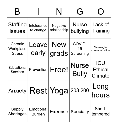 Nursing Burnout Bingo Card