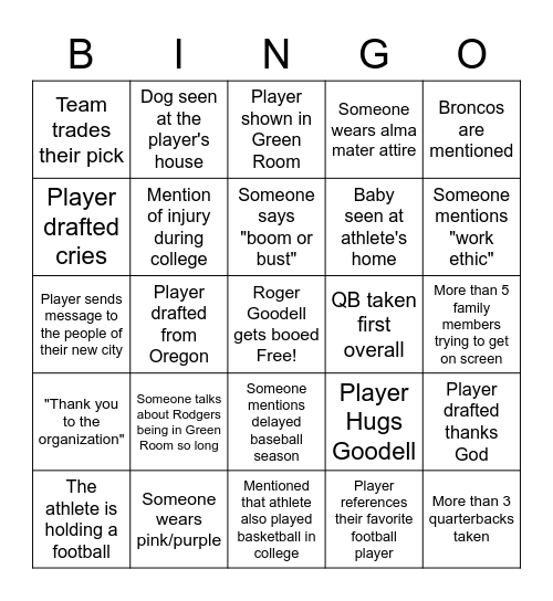 Draft Day Bingo Card