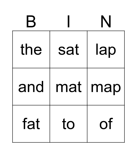 Level A- List 1 Bingo Card
