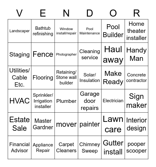 Vendor Partner Bingo Card