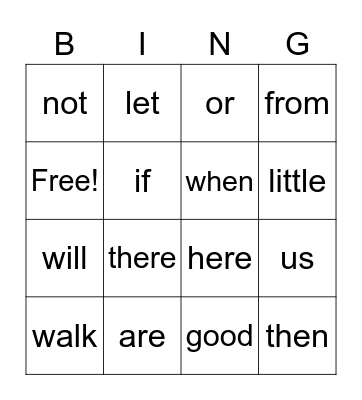 Sight word Bingo Card