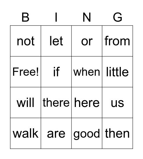 Sight word Bingo Card