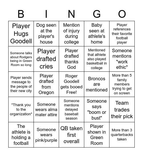 Draft Day Bingo Card