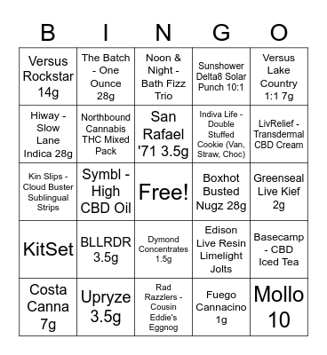 Budtender's Bingo Card