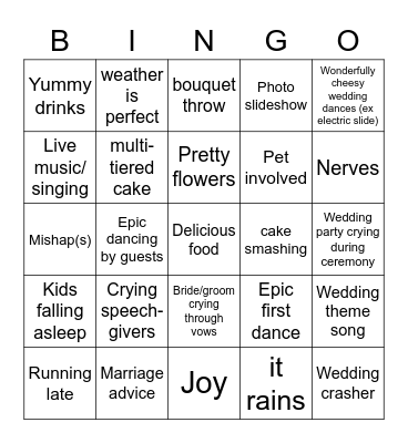 Wedding Reception Bingo Card