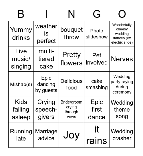 Wedding Reception Bingo Card