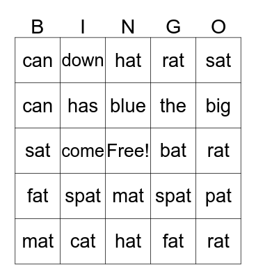 Word Family "at" and Dolch Word Bingo Card