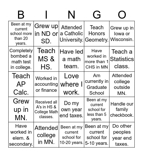 Math Teachers Bingo Card