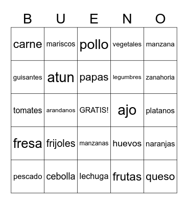 Spanish food Bingo Card