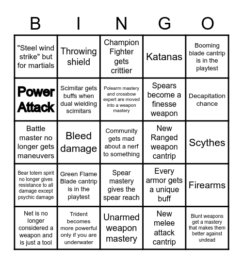 Next One DND Playtest Bingo Card