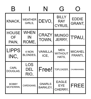 1 HIT WONDERS Bingo Card