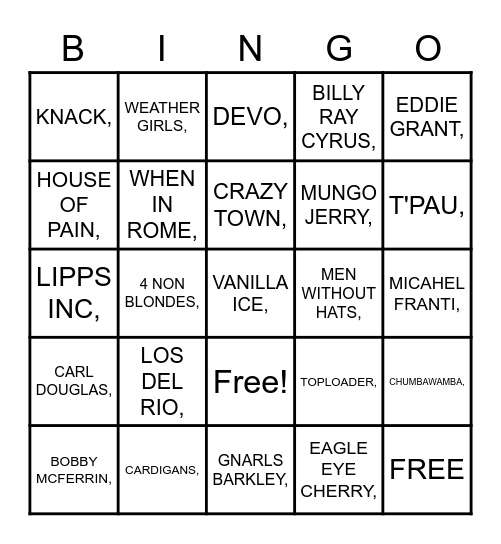 1 HIT WONDERS Bingo Card