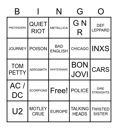 80S ROCK Bingo Card