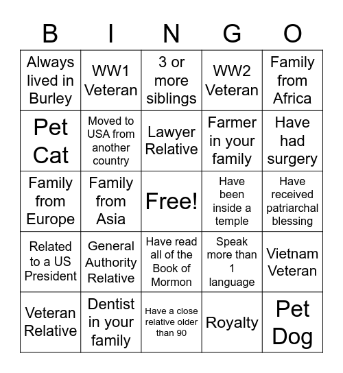 Family History Bingo Card