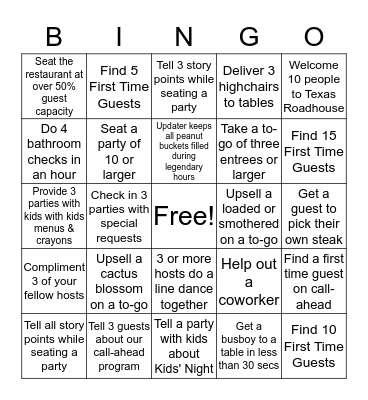 Host Stand Bingo Card