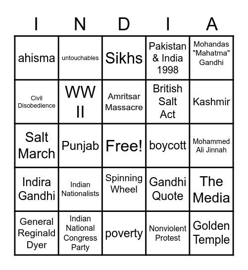 Gandhi to India to Pakistan Bingo Card