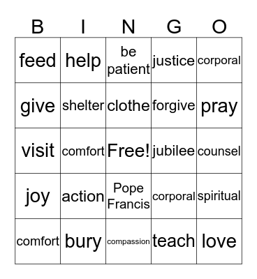 Jubilee Year of Mercy Bingo Card