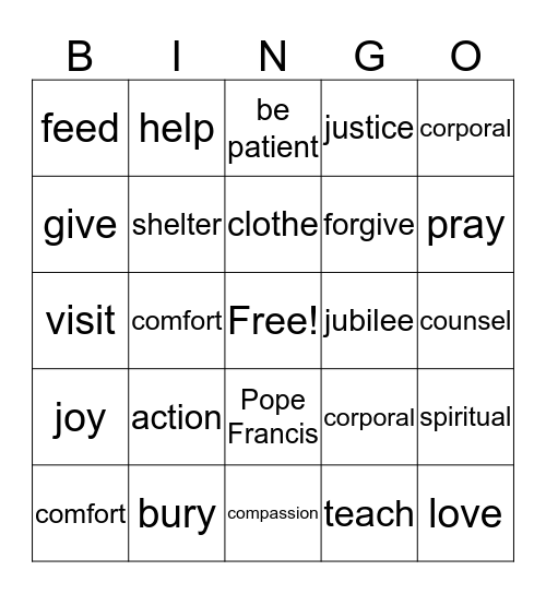 Jubilee Year of Mercy Bingo Card