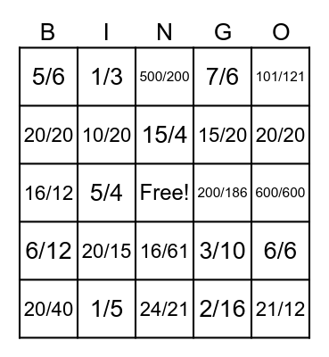 Fraction Bingo Card