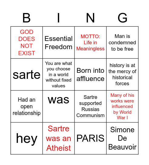 Jean-Paul Sartre Bingo Card