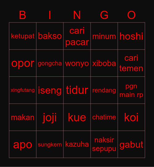 Joji’s Bingo Card