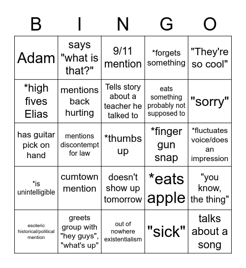 Evan Bingo Card