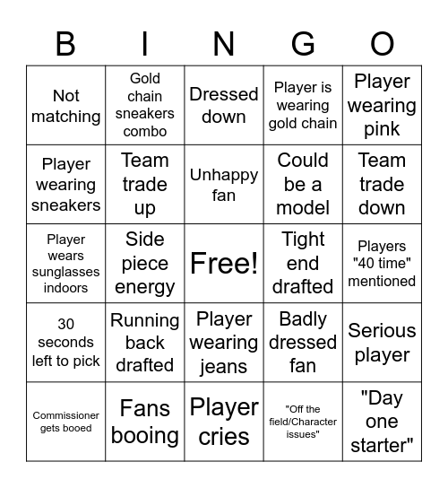 Draft Day Bingo Card