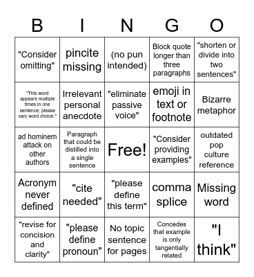 Substantive Edit Memo Bingo Card